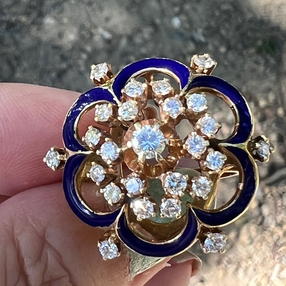 VINTAGE 14K YELLOW GOLD DIAMOND COBALT BLUE ENAMEL RING STATEMENT CUSTOM MADE - Picture 6 of 16